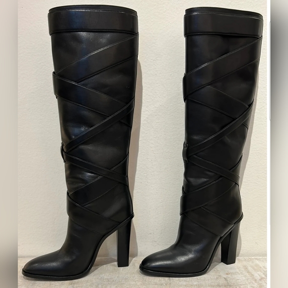 Saint Laurent Black Wraparound Wood-Heel Tall Boot (size 38.5)